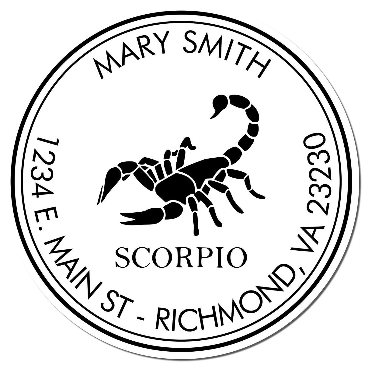 Black-and-white circular stamp seal with scorpion, Mary Smith, 1234 E. Main St., Richmond, VA 23230, Scorpio
