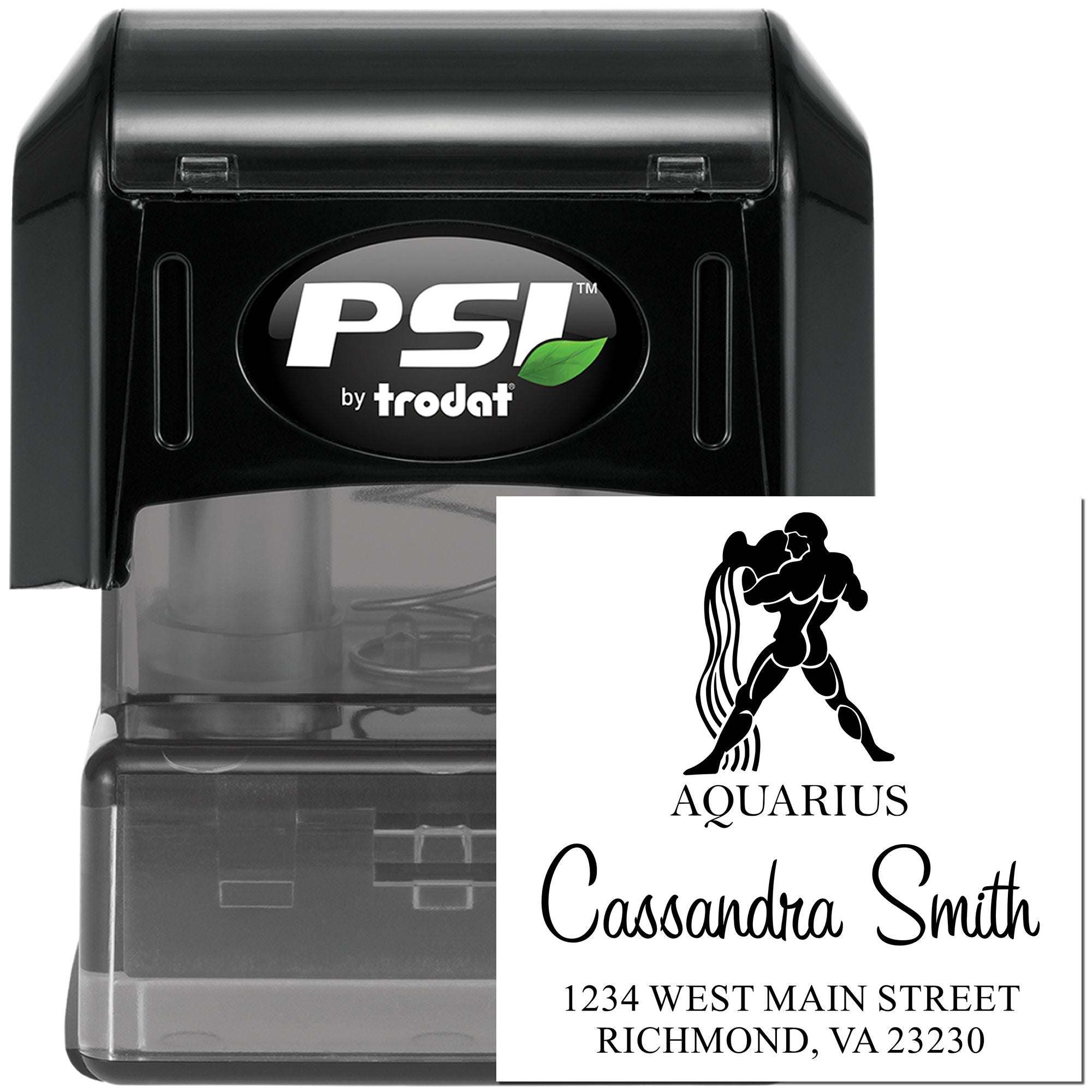 Black PSI by trodat self-inking stamp with white custom seal for Aquarius, Cassandra Smith, and address text.