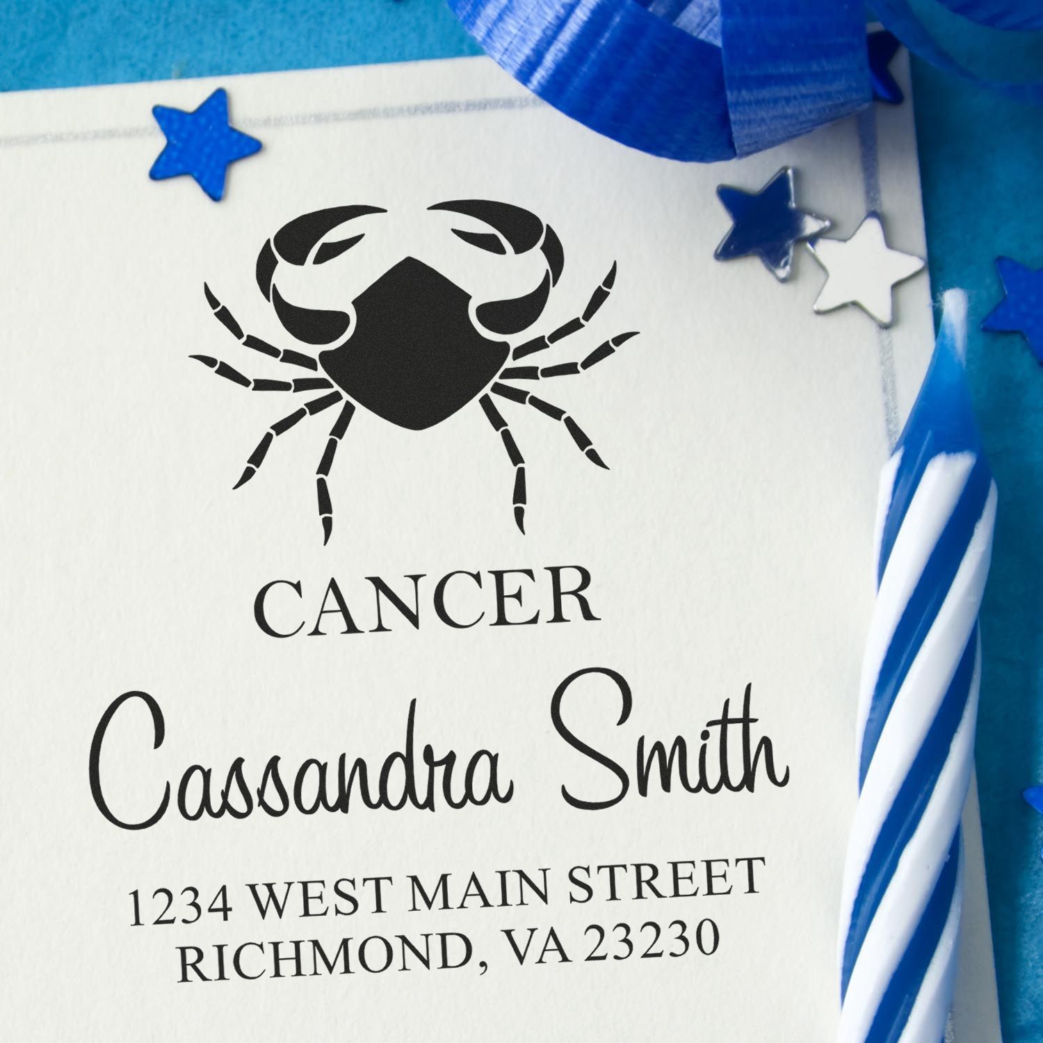 Black crab cancer stamp with Cassandra Smith and Richmond, VA address, accented by blue ribbon and blue star seals.