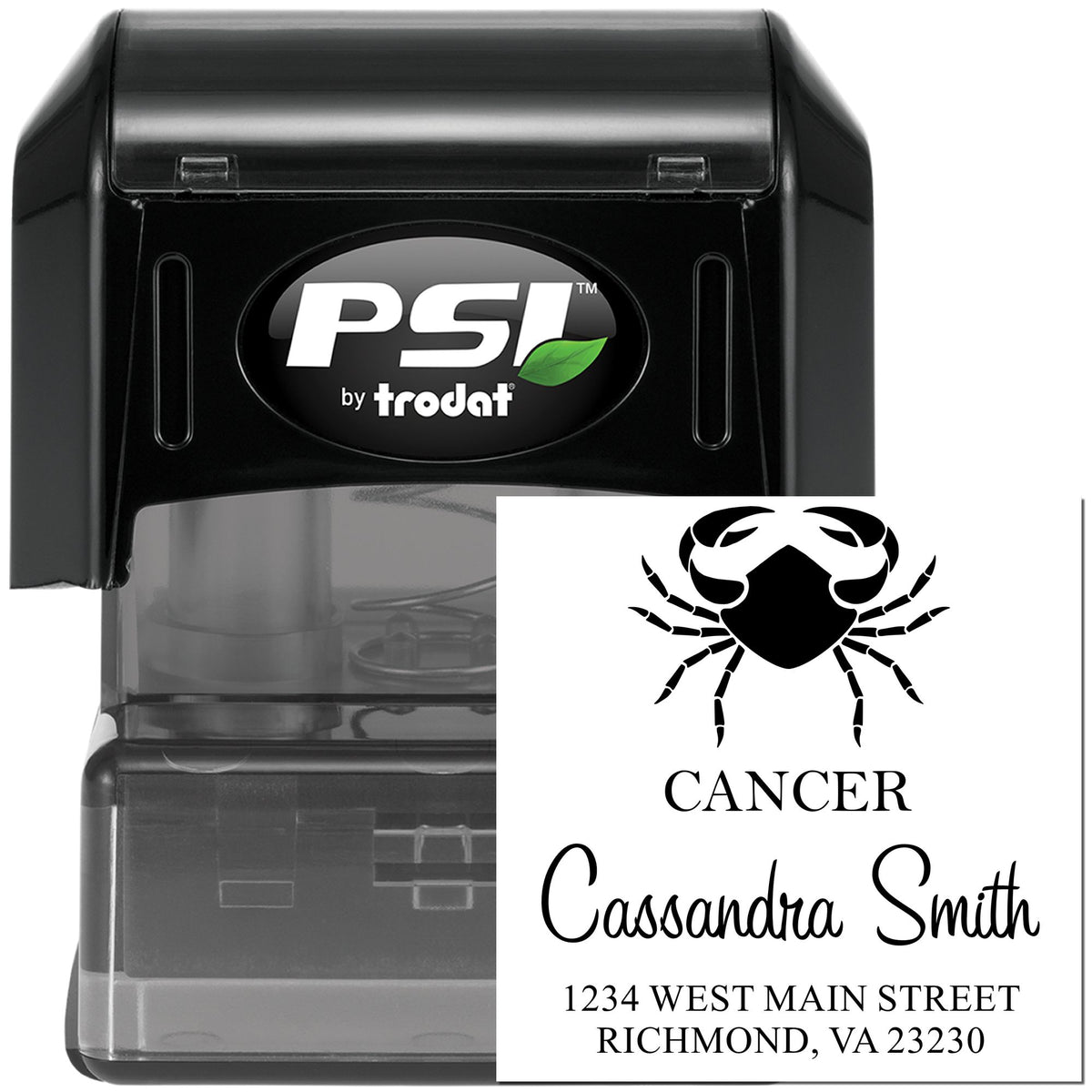 Black PSI by Trodat self-inking stamp with custom Cancer crab seal and Cassandra Smith address on white card.