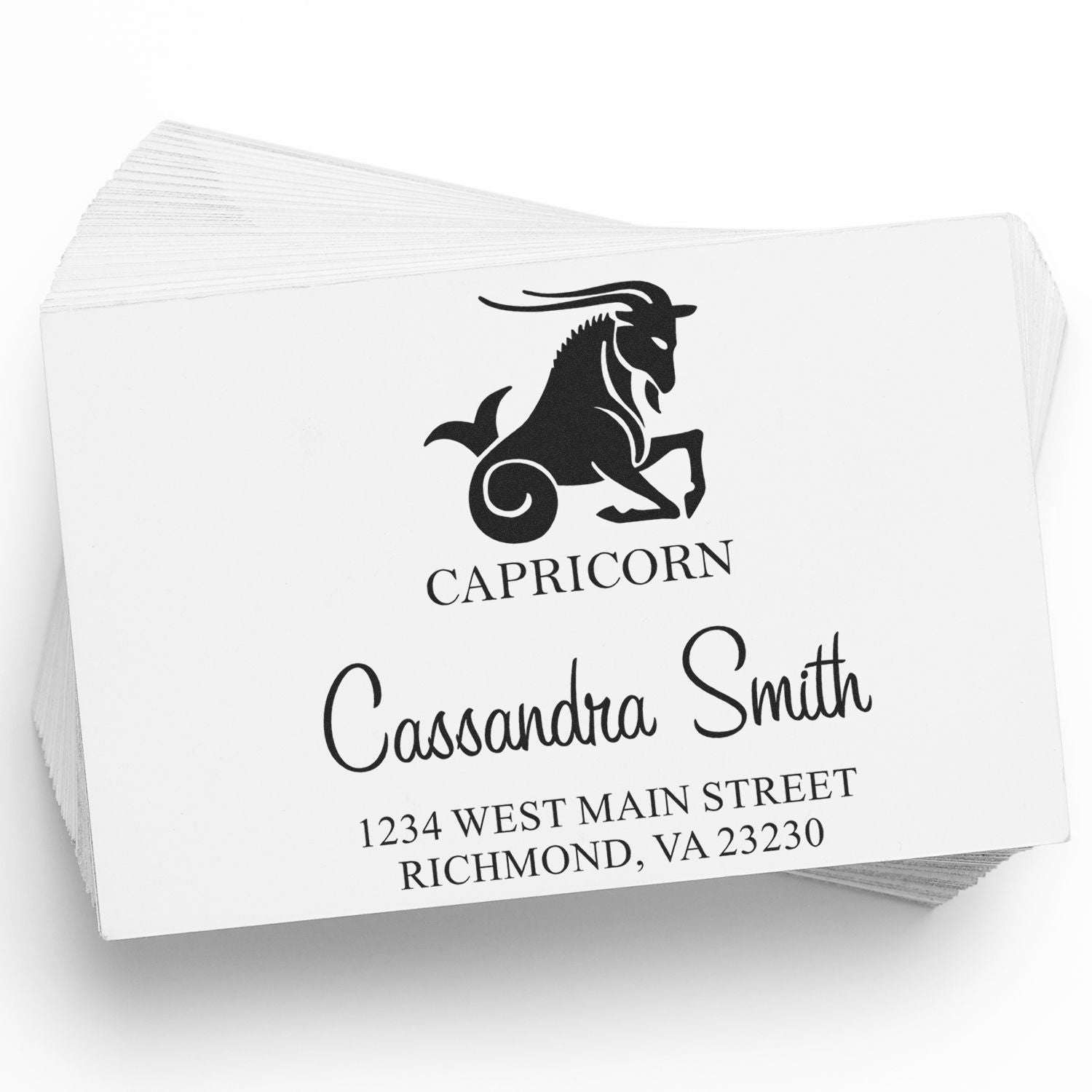 Stacked white stamp and seal cards with black Capricorn logo, Cassandra Smith name, and Richmond, VA address