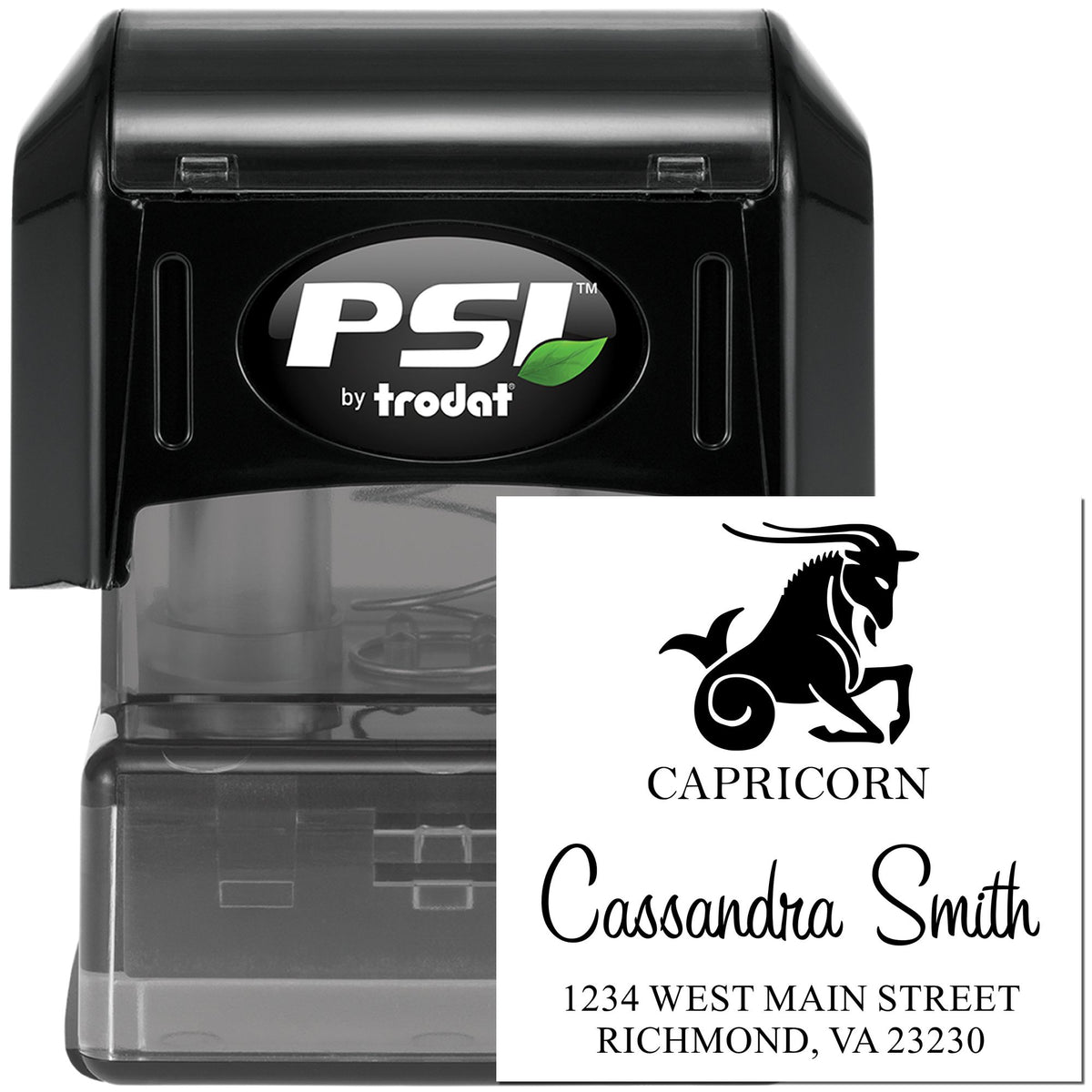 Black PSI by Trodat self-inking stamp and custom Capricorn seal with goat logo, name, and address on white insert.