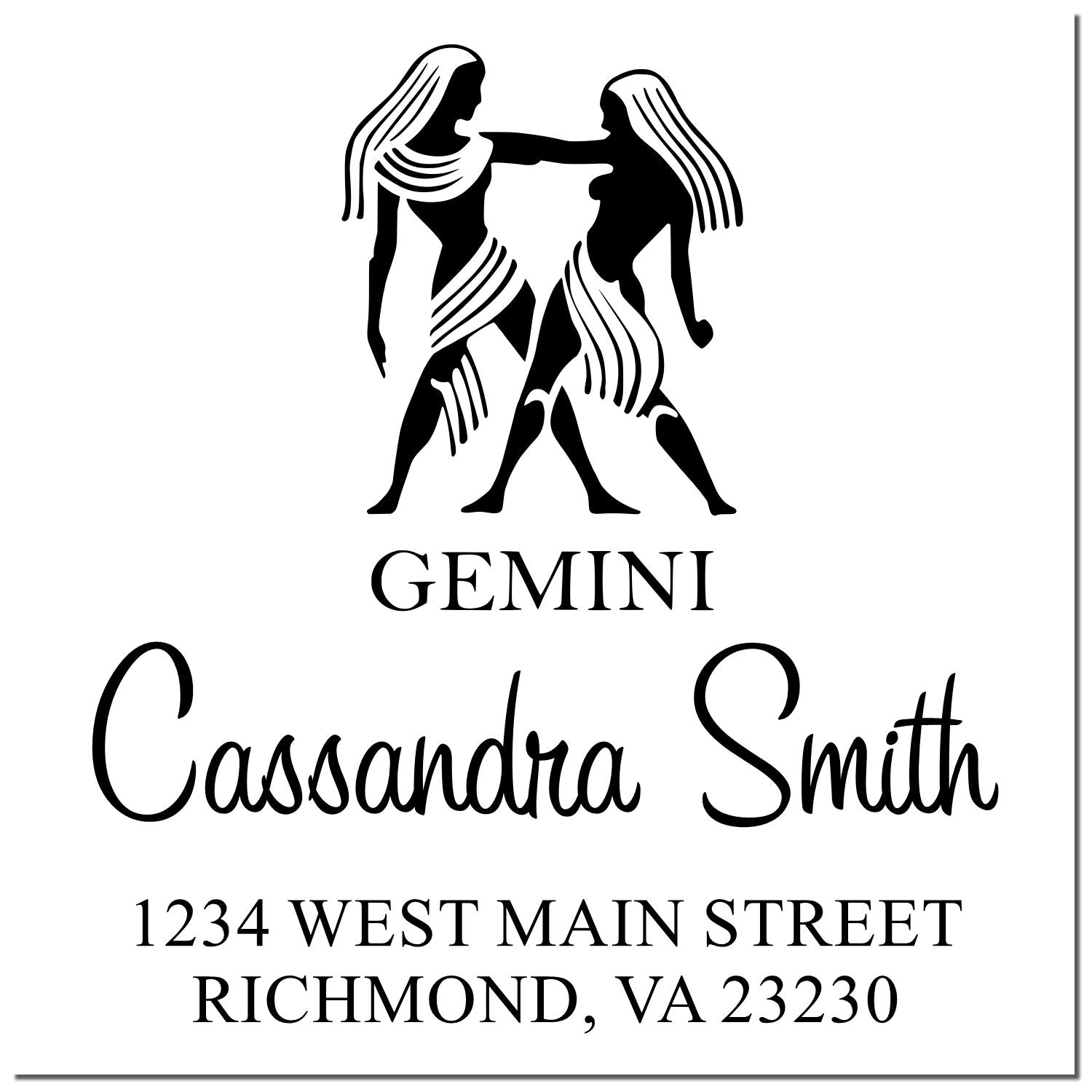 Black-and-white Gemini stamp seal with twin silhouettes, Cassandra Smith name, and Richmond, VA 23230 address.