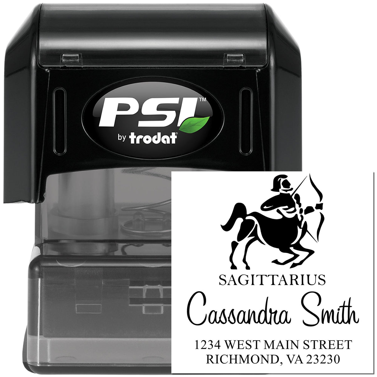 Black PSI by Trodat self-inking stamp and seal with white custom Sagittarius name-and-address imprint.