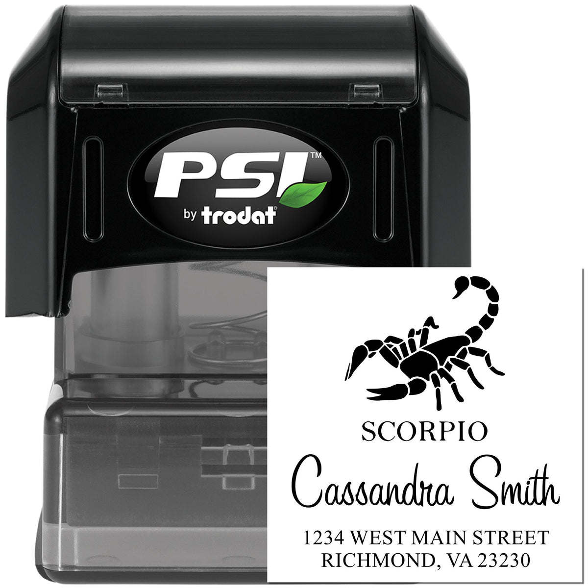 Black PSI by Trodat self-inking stamp and custom Scorpio seal with Cassandra Smith name and address.