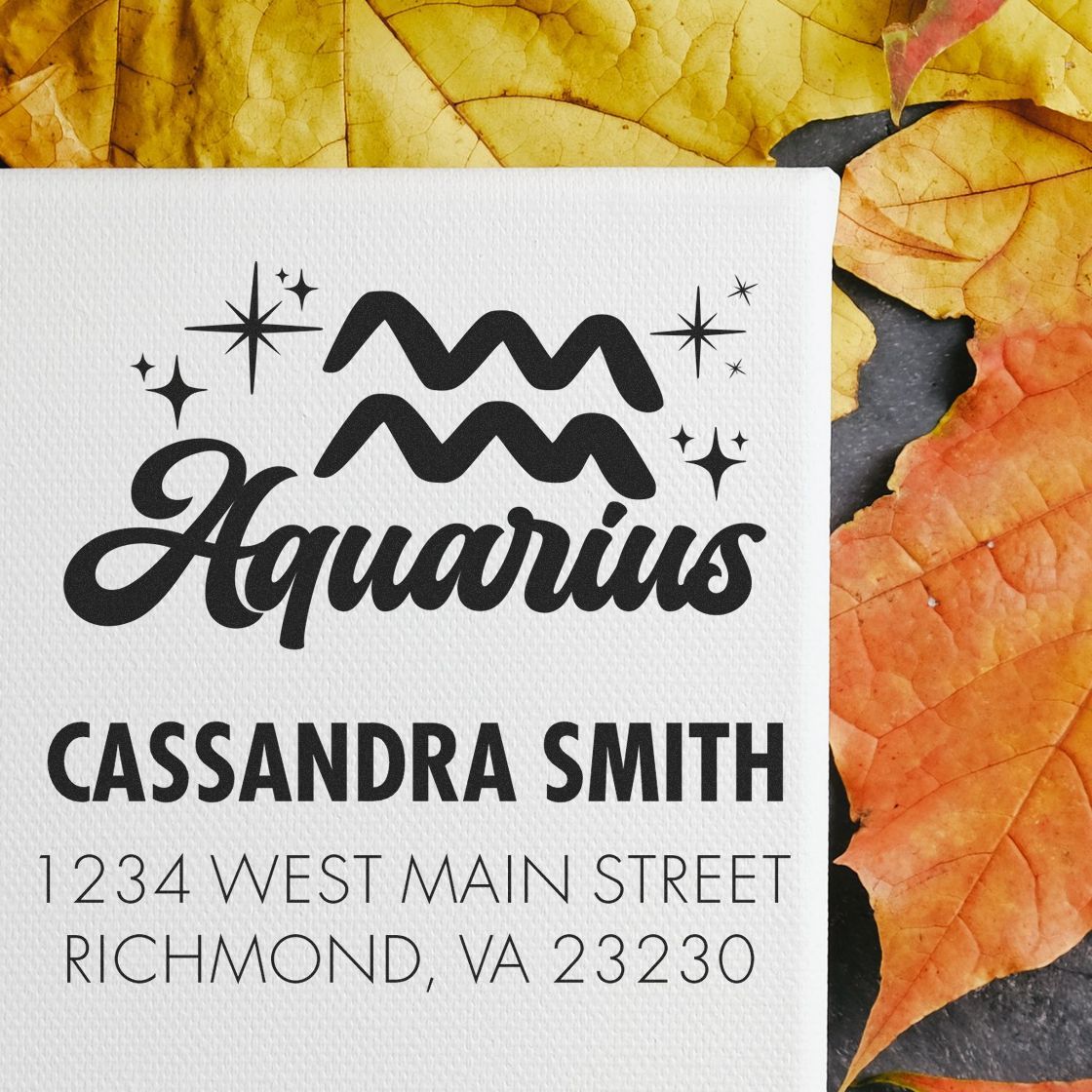 Custom Aquarius stamp and seal on white cardstock, black text for Cassandra Smith, Richmond VA, with autumn leaves.