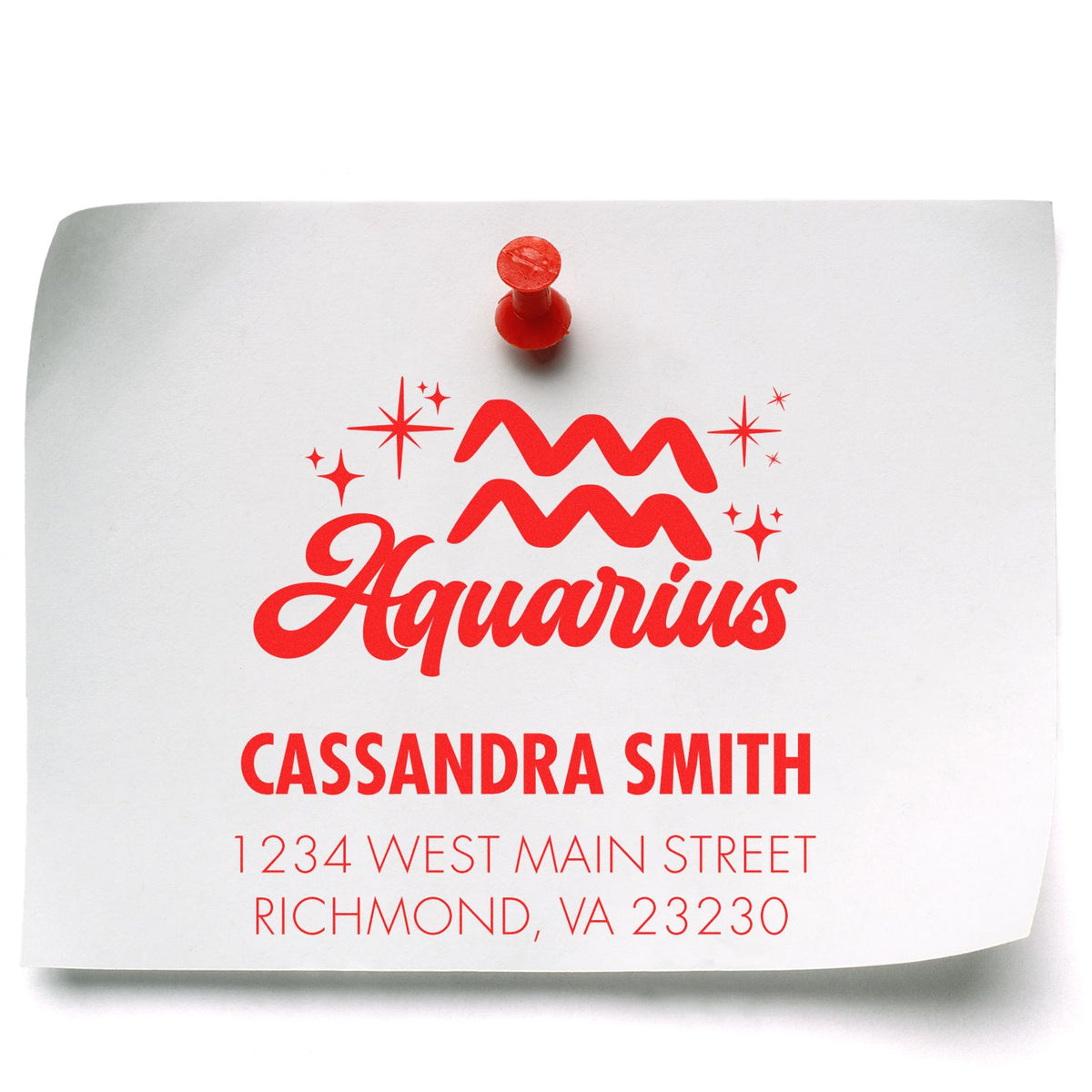 Red Aquarius stamp seal on white paper with stars, Cassandra Smith name, and Richmond, VA address.