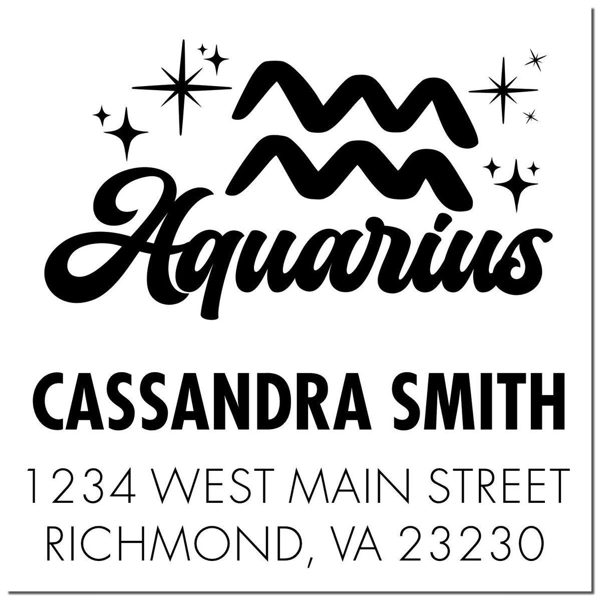 Black Aquarius stamp and seal design with stars, Cassandra Smith, 1234 West Main Street, Richmond, VA 23230.
