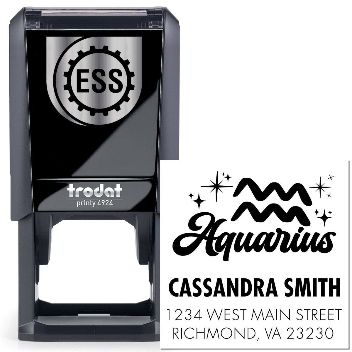 Black self-inking stamp and seal set with Aquarius design, Cassandra Smith name, and address on a white background.
