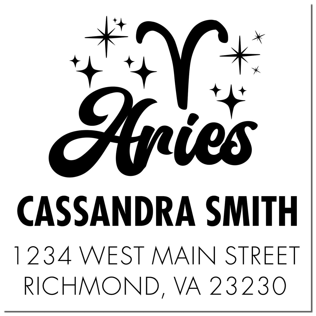 Black Aries return address stamp in black with stars, Cassandra Smith, 1234 West Main Street, Richmond, VA 23230