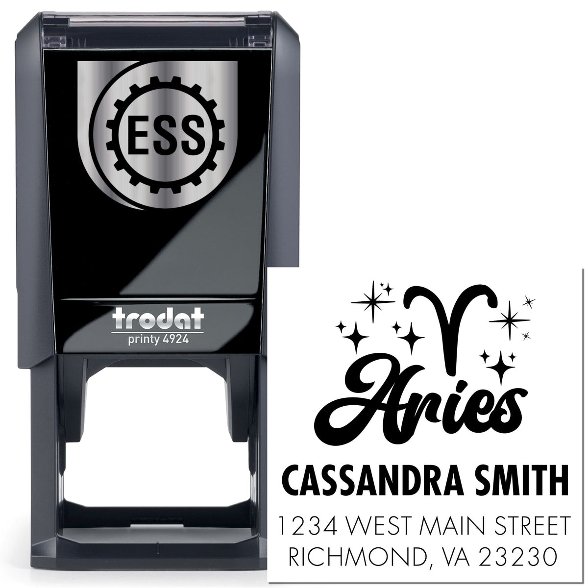 Black Trodat self-inking stamp and seal with Aries design, Cassandra Smith name, and Richmond, VA address