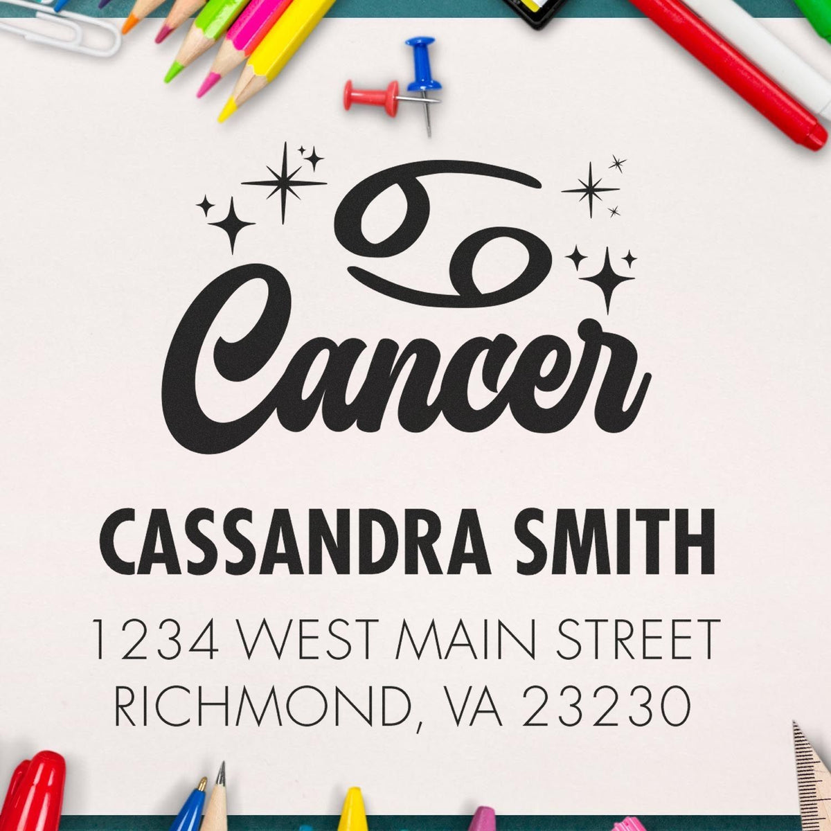 Black cancer awareness seal stamp with stars, custom name and address, framed by colorful pencils and push pins.