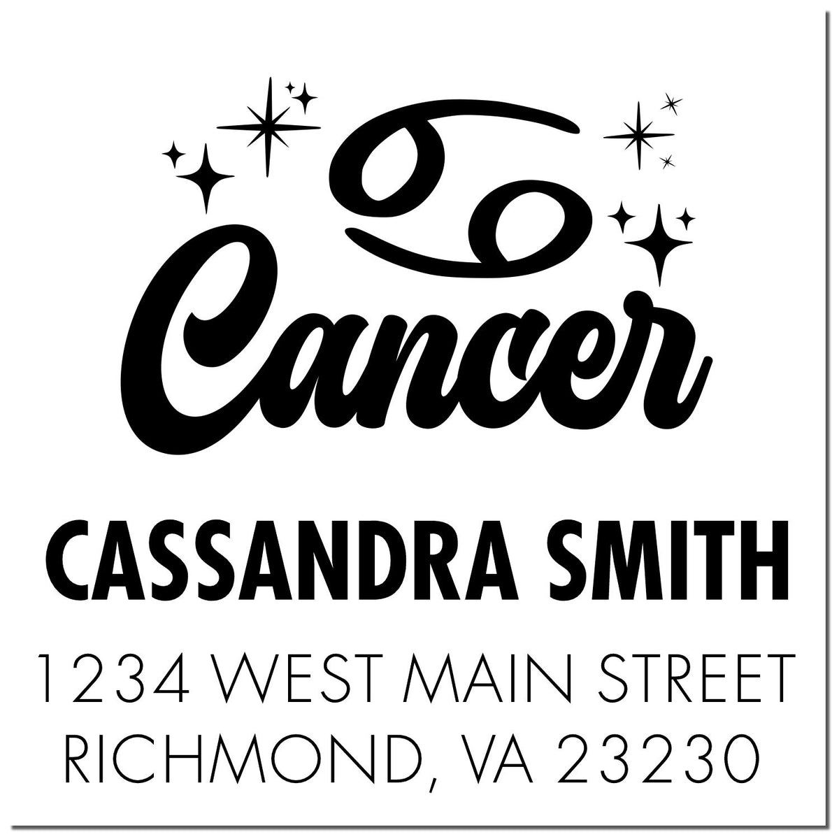 Black Cancer return address stamp and seal with stars, Cassandra Smith, 1234 West Main Street, Richmond, VA 23230