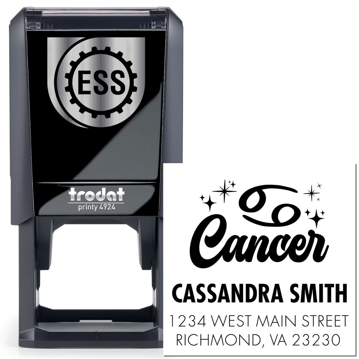 Black self-inking Trodat printy 4924 stamp with Cancer seal and white custom address label for Cassandra Smith