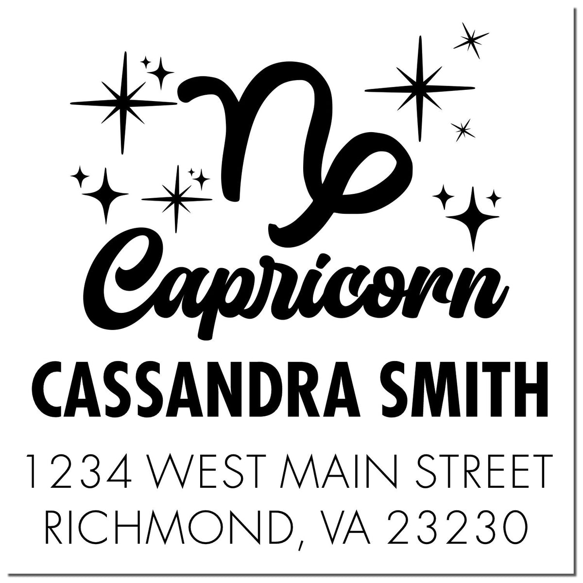 Black Capricorn custom stamp and seal with sparkles, Cassandra Smith name, and Richmond, VA address on white.