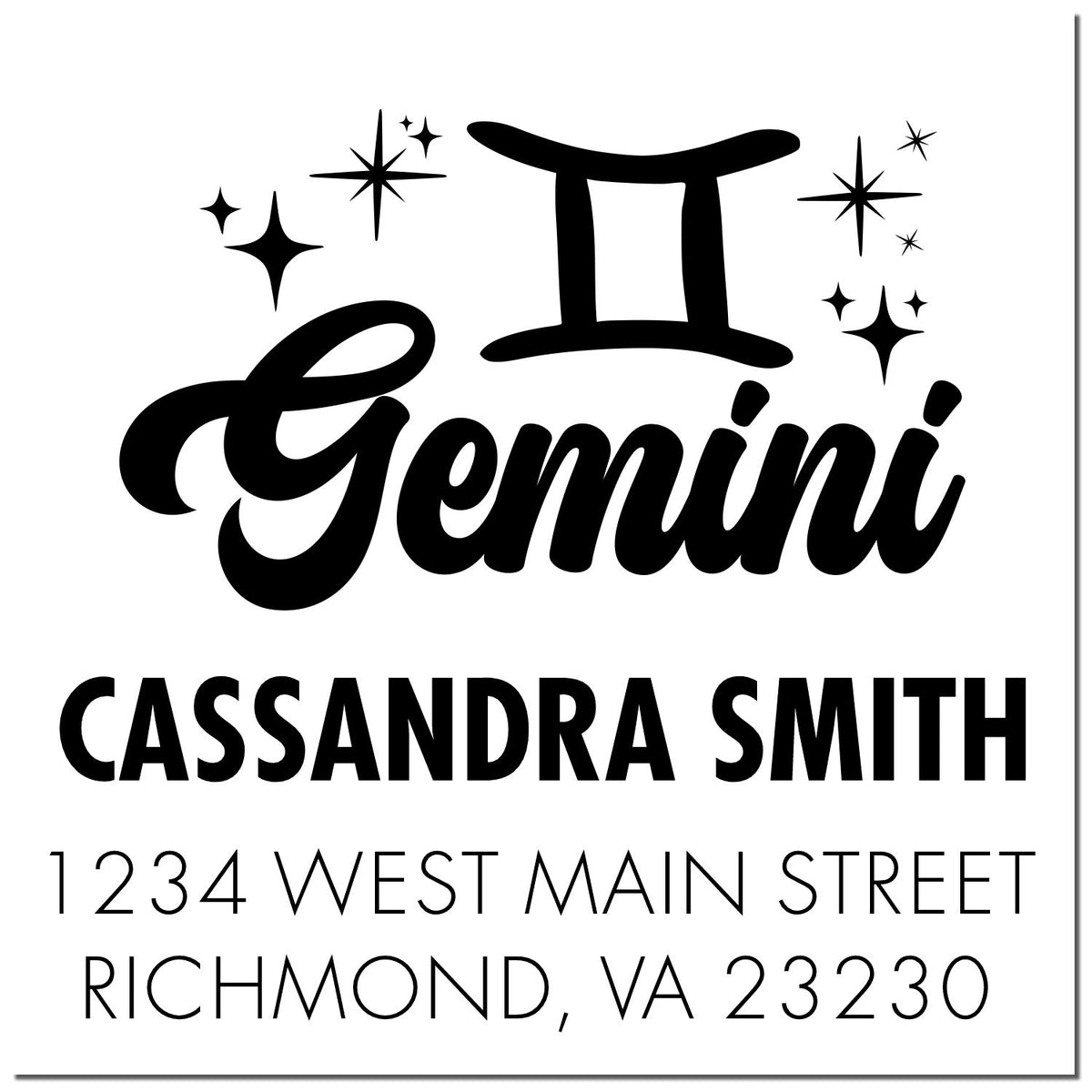 Black Gemini stamp seal design with sparkles, Cassandra Smith, and Richmond, VA address on white background.