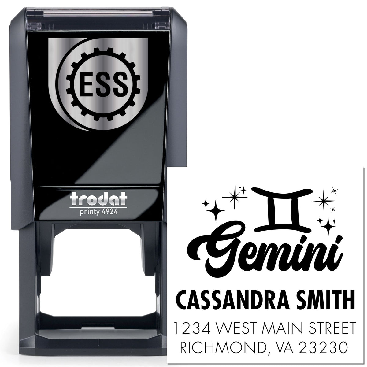 Black self-inking Trodat stamp with silver ESS gear logo and custom Gemini address seal on white background.