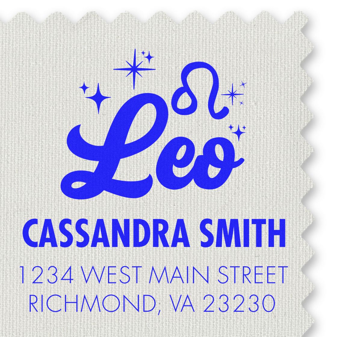 Blue Leo zodiac stamp seal with stars, Cassandra Smith name and Richmond, VA address on textured white paper.