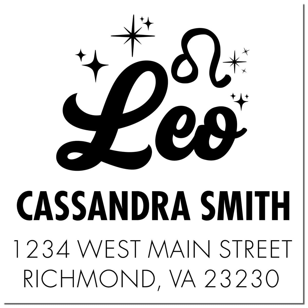 Black custom return-address stamp and seal with Leo script, sparkles, Cassandra Smith, and Richmond, VA 23230.