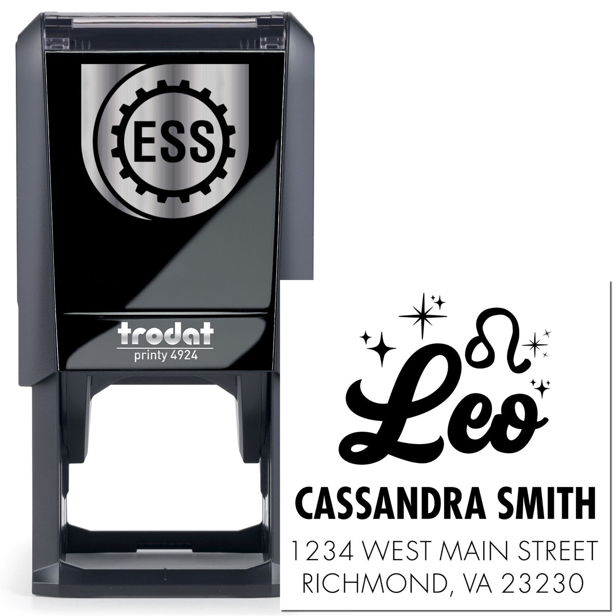 Black self-inking Trodat Printy 4924 stamp with silver ESS seal and custom Leo address seal design.