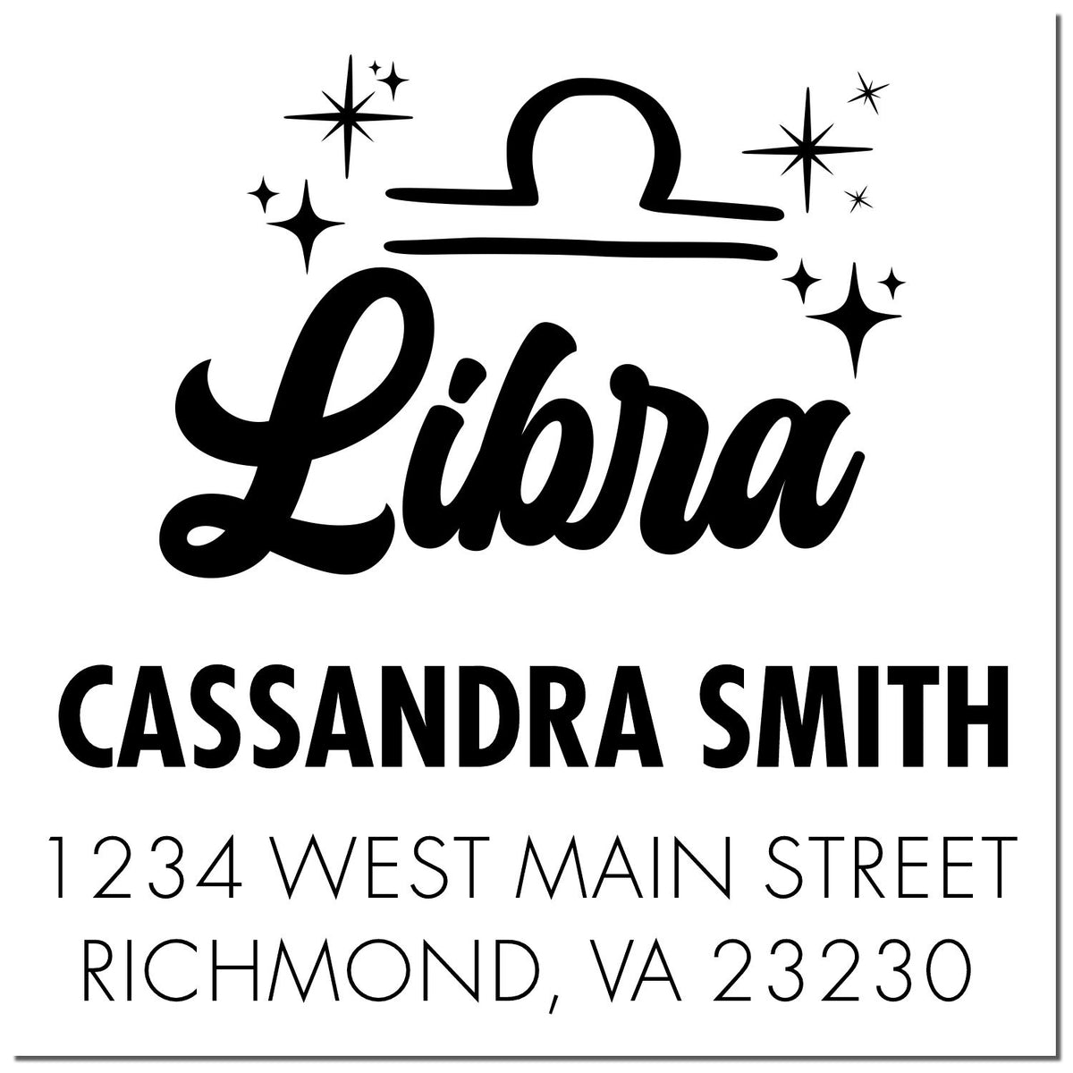 Black Libra stamp and seal design with zodiac symbol, sparkles, Cassandra Smith, and Richmond, VA address