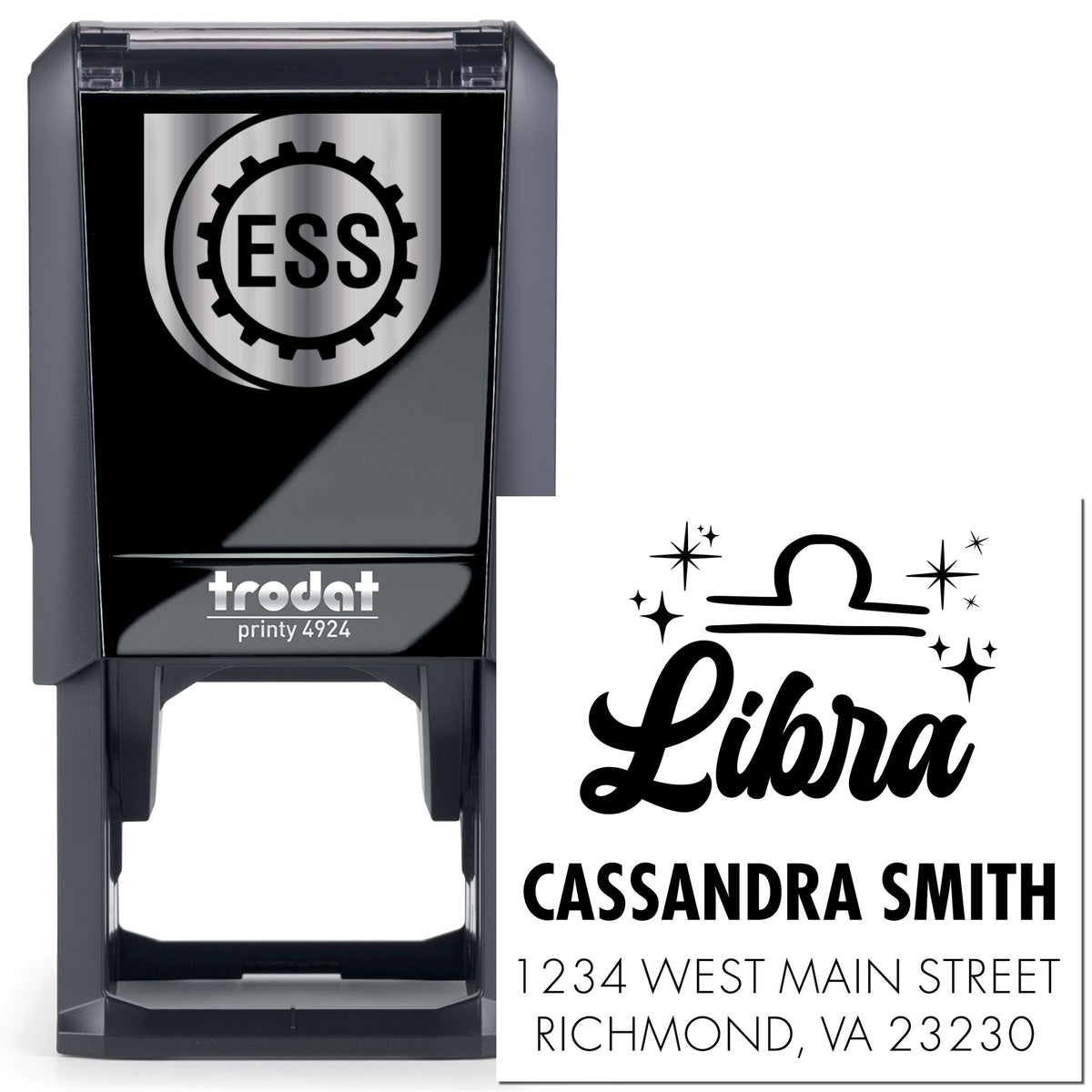 Black self-inking stamp and seal with Libra design, Cassandra Smith name, and address on a white insert.