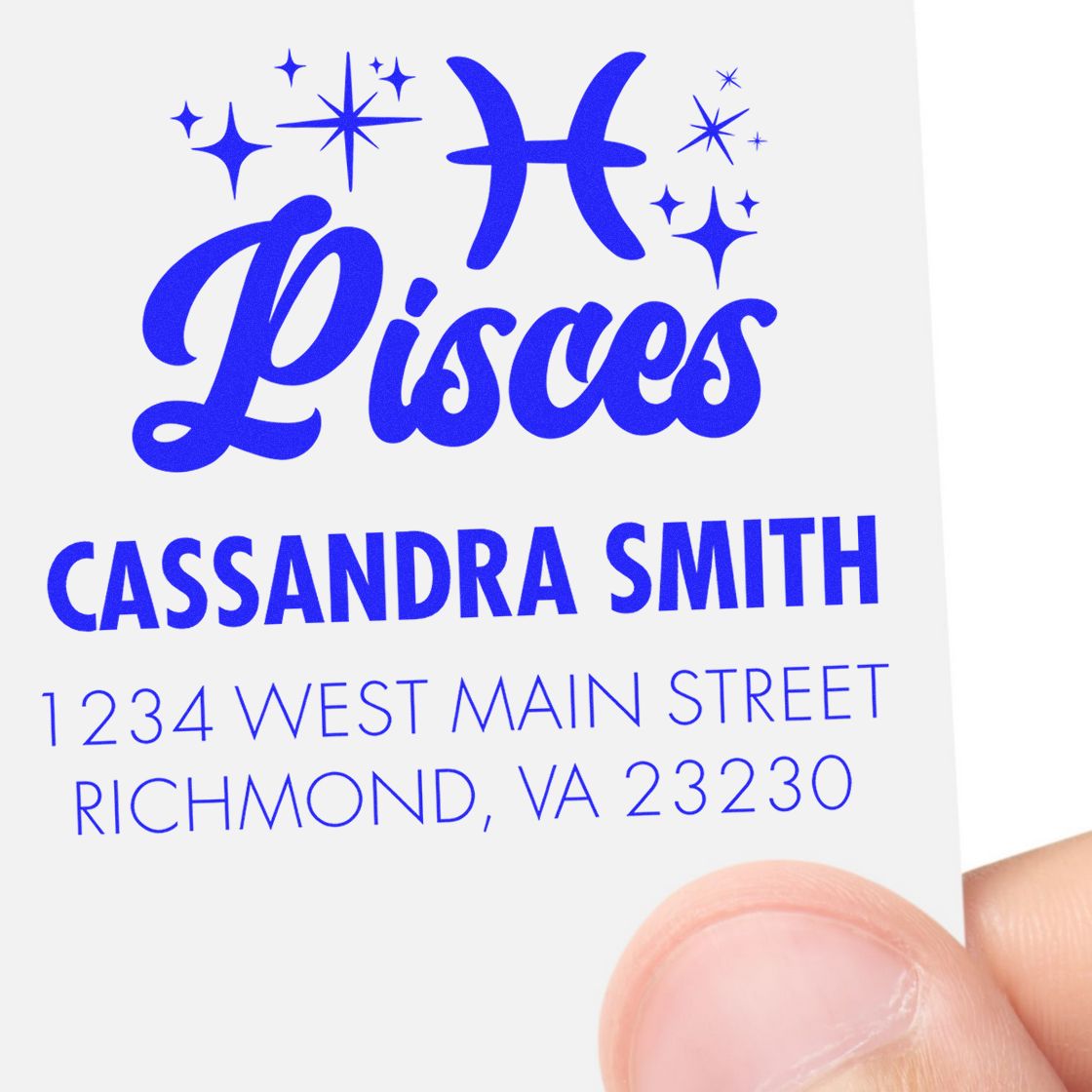 Blue Pisces custom stamp and seal with stars, bold script, Cassandra Smith, and Richmond, VA address.