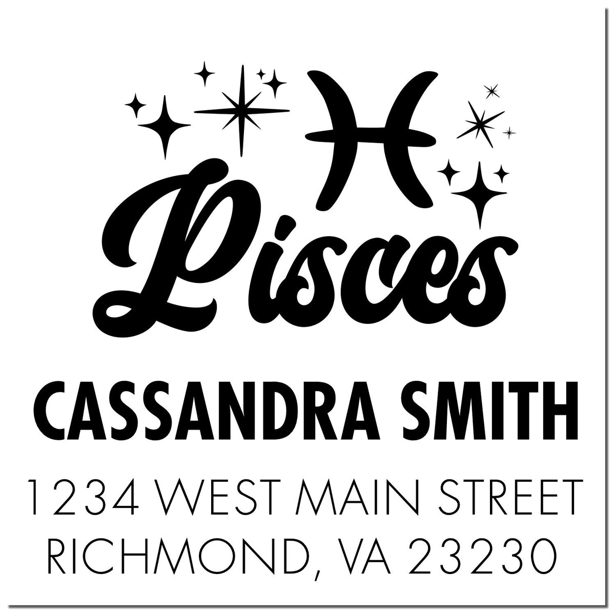 Black Pisces return address stamp and seal with sparkles, Cassandra Smith, 1234 West Main Street, Richmond, VA 23230.
