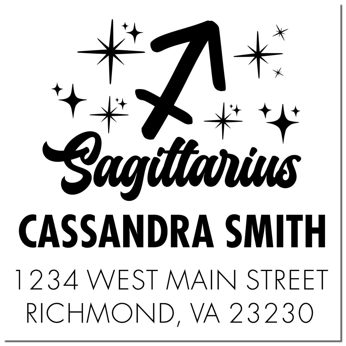 Black-and-white Sagittarius stamp seal with starbursts, Cassandra Smith name, and Richmond, VA 23230 address.