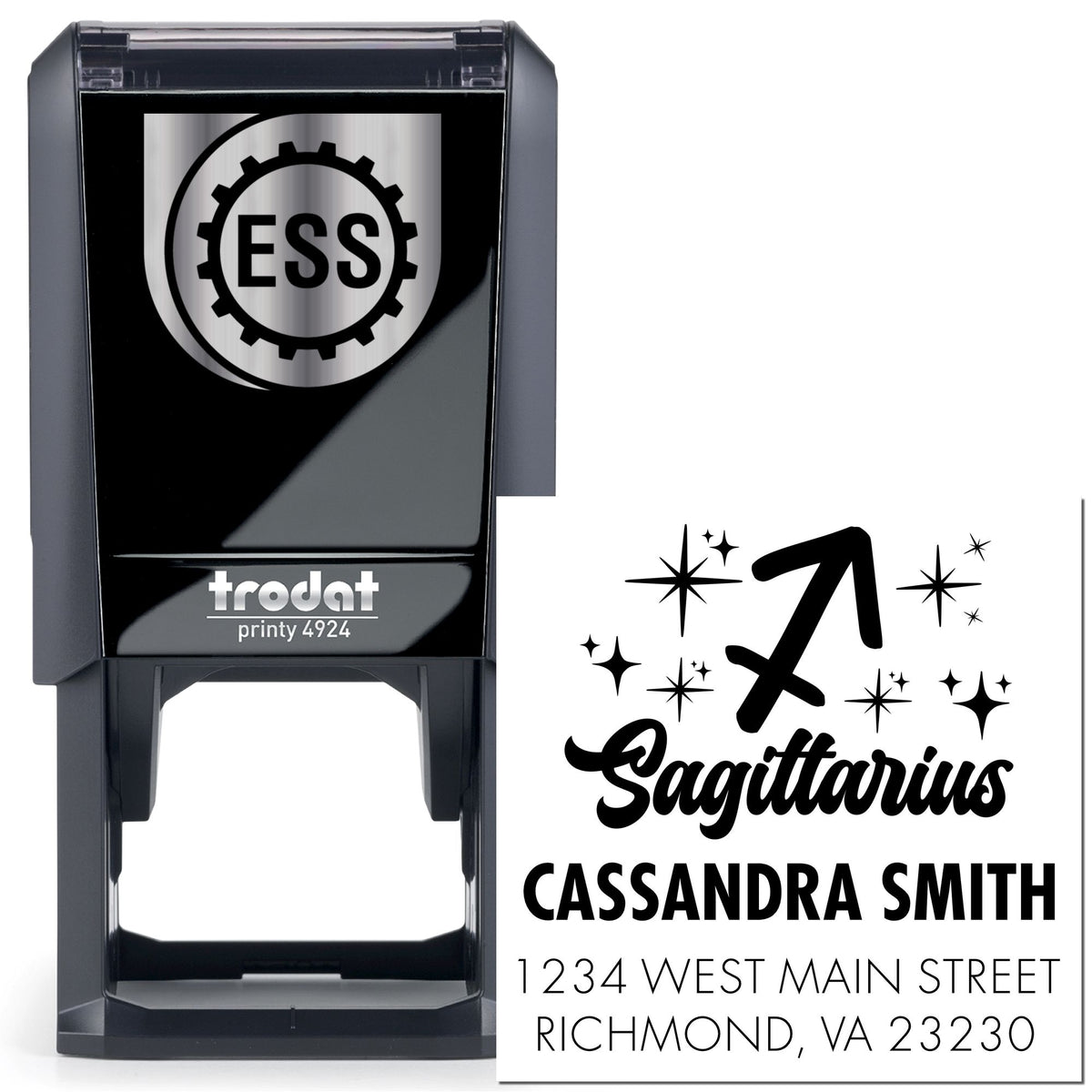 Black self-inking Trodat stamp and Sagittarius return address seal with stars, Cassandra Smith, and Richmond, VA address.