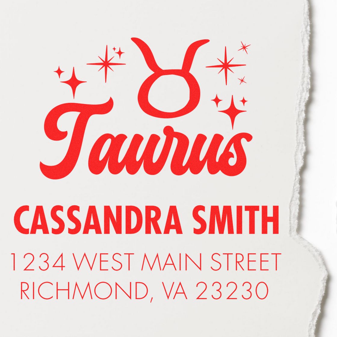 Red Taurus address stamp with stars, personalized seal for Cassandra Smith, Richmond, VA 23230 in bright red.