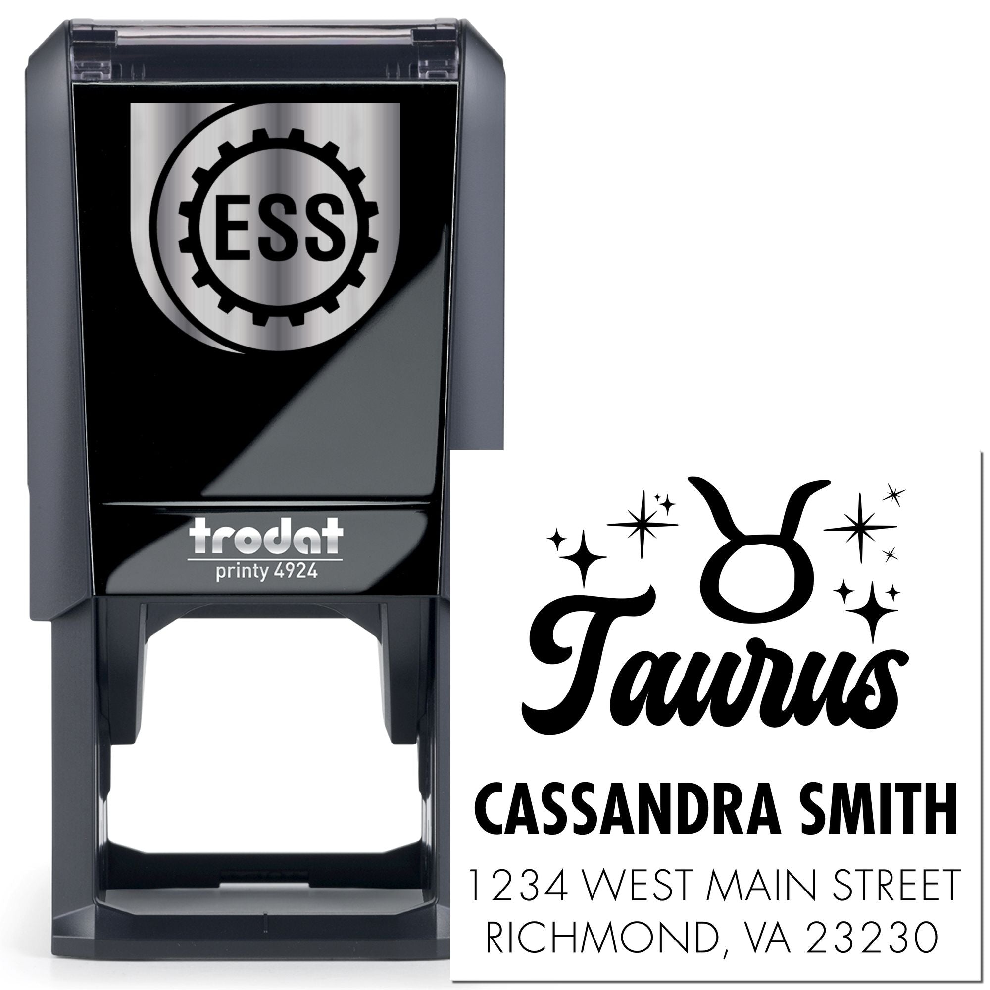 Black Trodat self-inking stamp and custom Taurus seal with Cassandra Smith name and Richmond, VA address.