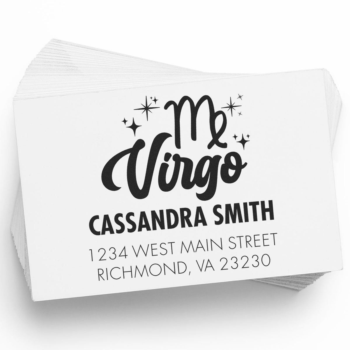 Stack of white custom stamp and seal cards with black Ms Virgo design, stars, name, and address.