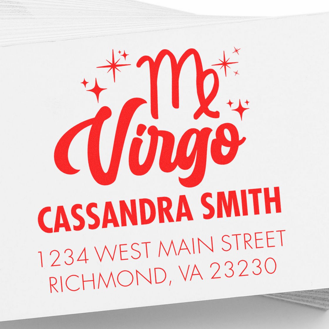 Red personalized stamp and seal with Ms Virgo, sparkles, and Cassandra Smith address on white.