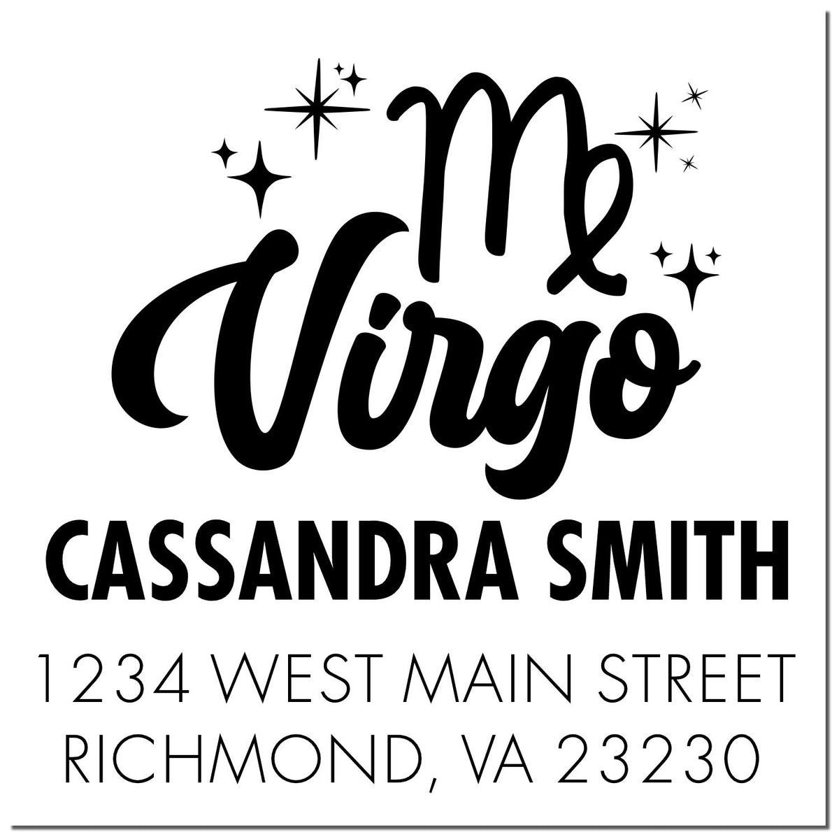 Black Virgo stamp and seal design with stars, Cassandra Smith name and Richmond, VA address