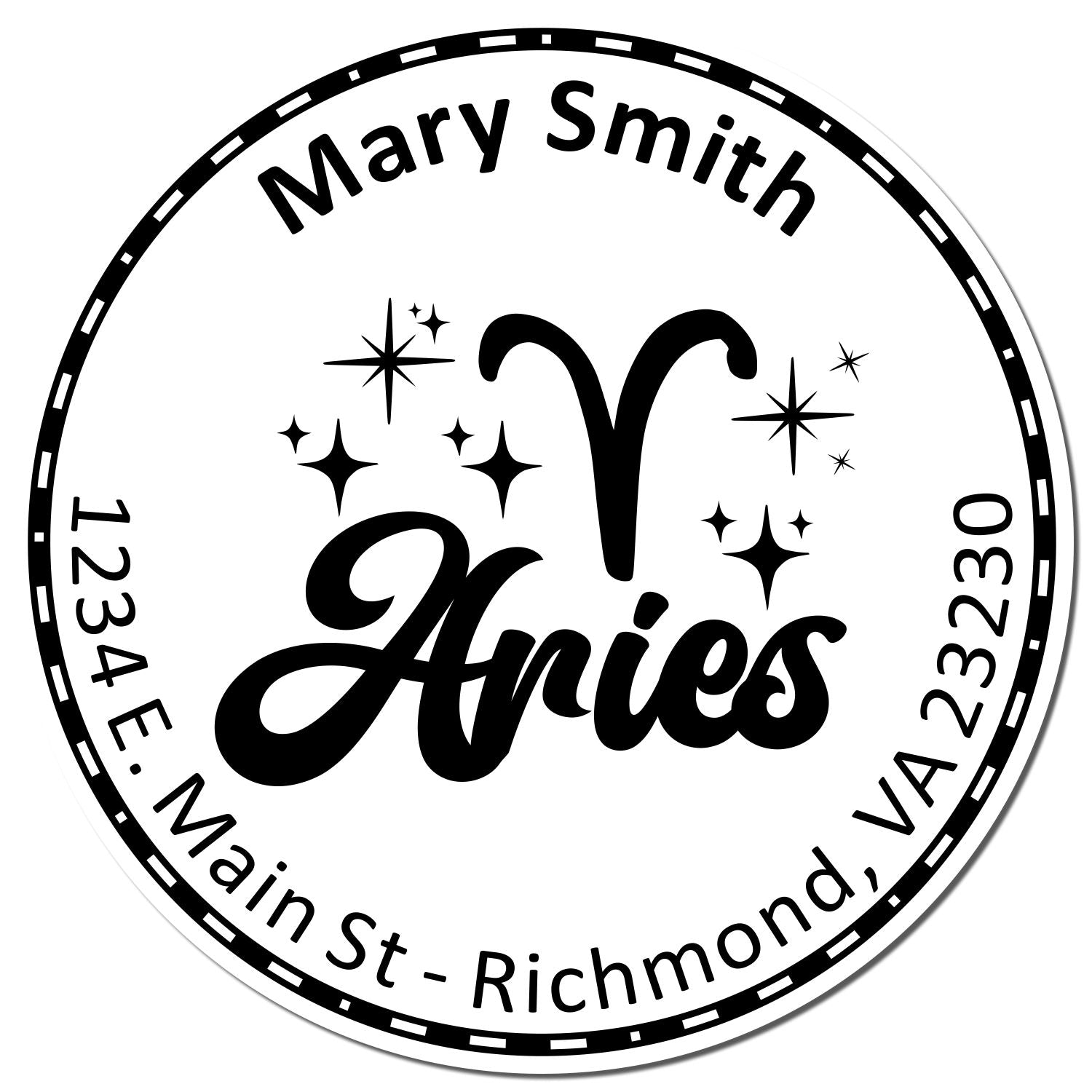 Black-and-white Aries custom stamp seal for Mary Smith, with zodiac symbol, stars, and circular address border.