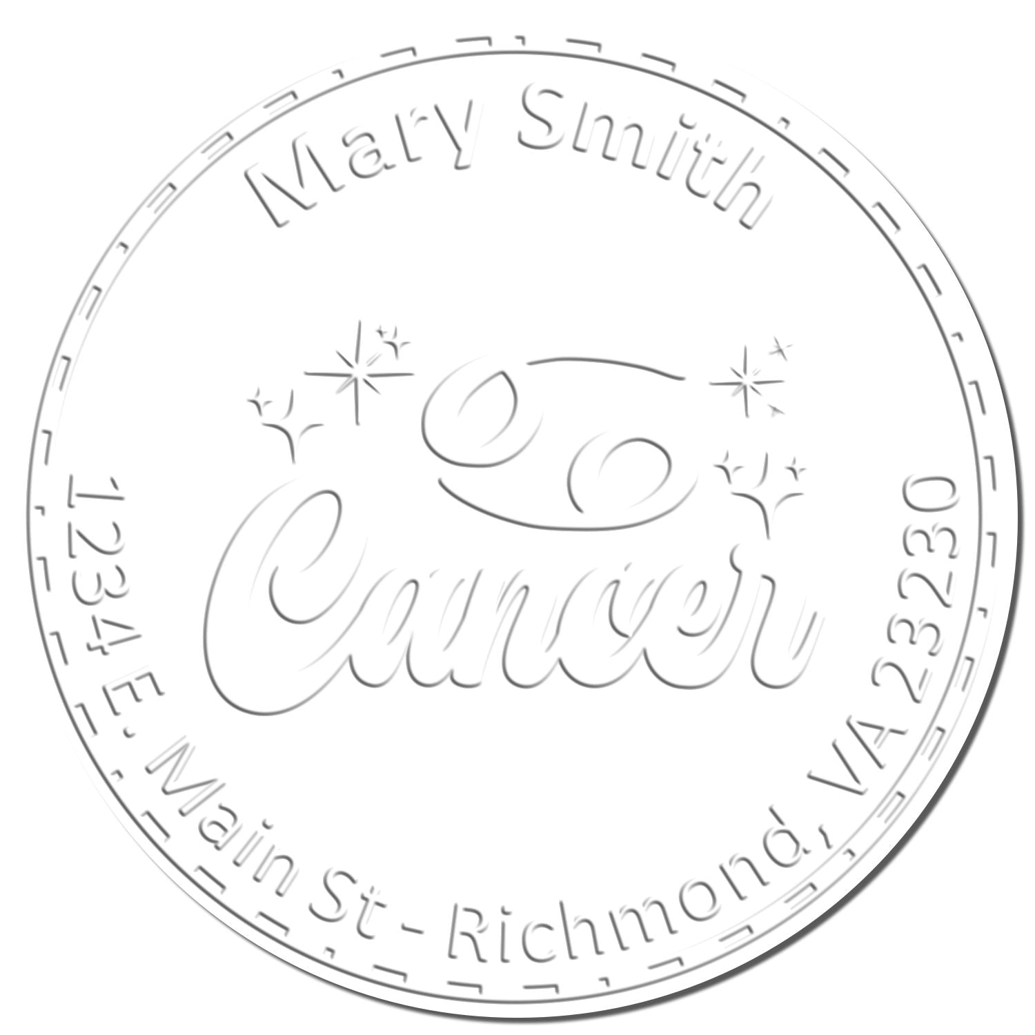 Embossed white circular stamp seal for Mary Smith Currier, with stars and Virginia address around the edge.
