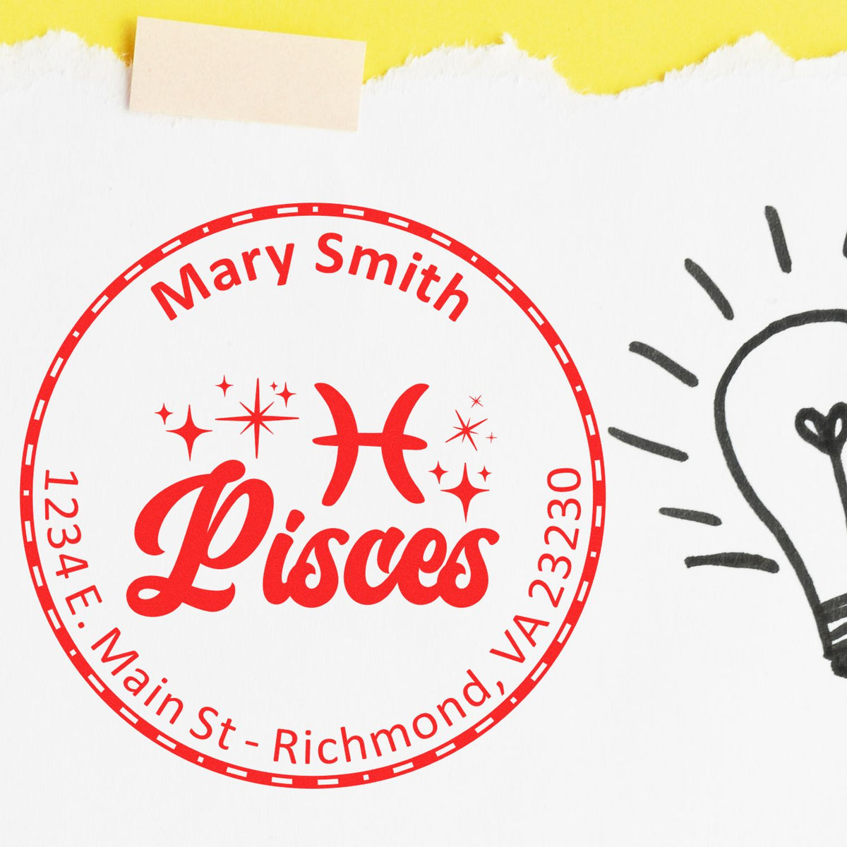 Red Pisces custom stamp and seal with Mary Smith, on white paper with yellow header
