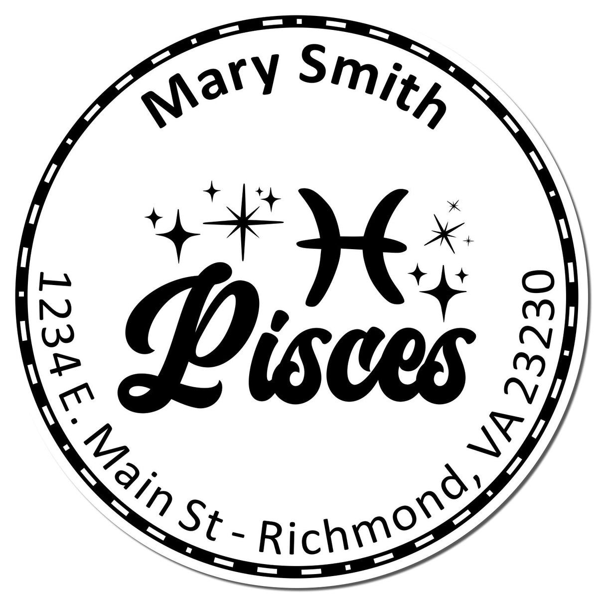 Black-and-white circular Pisces stamp seal with Mary Smith, star accents, and Richmond, VA address.