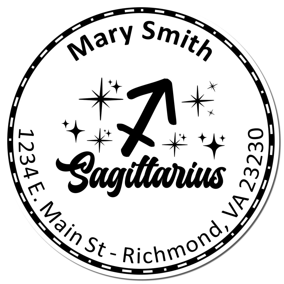Custom black-and-white Sagittarius stamp seal with Mary Smith, stars, and circular address border.