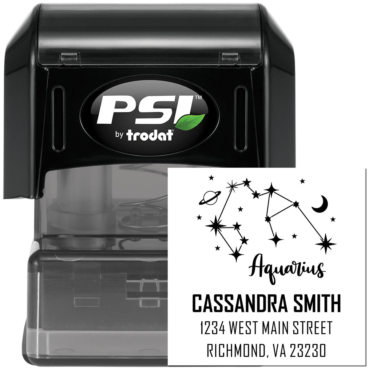 Black PSI by Trodat self-inking stamp and personalized seal with Aquarius constellation, white panel, and bold black address text.