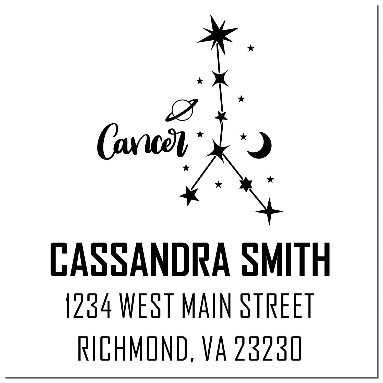 Black Cancer constellation return address stamp with stars, crescent moon, and Cassandra Smith, Richmond, VA 23230.