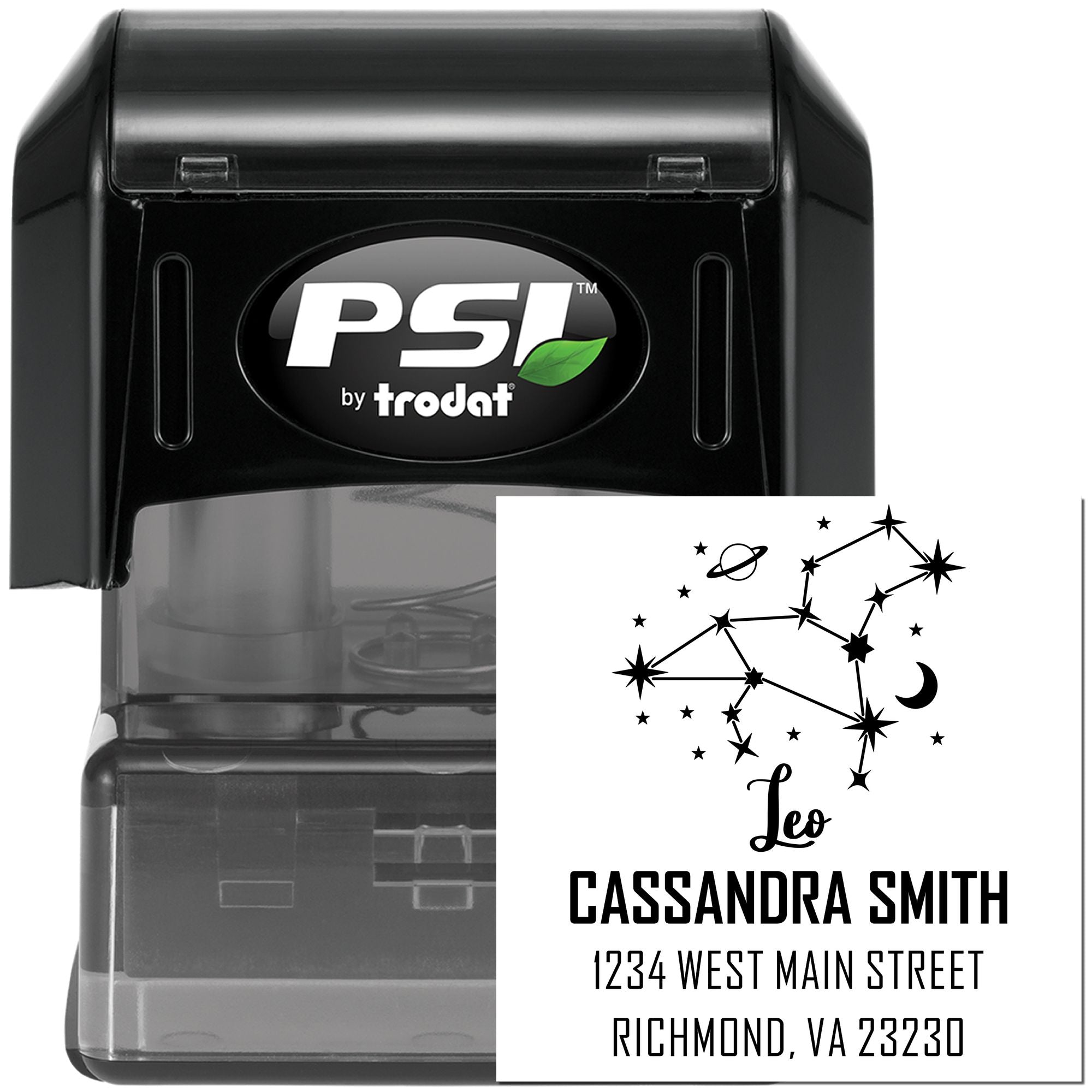 Black self-inking PSI by Trodat stamp with clear base and Leo constellation address seal design for Cassandra Smith.