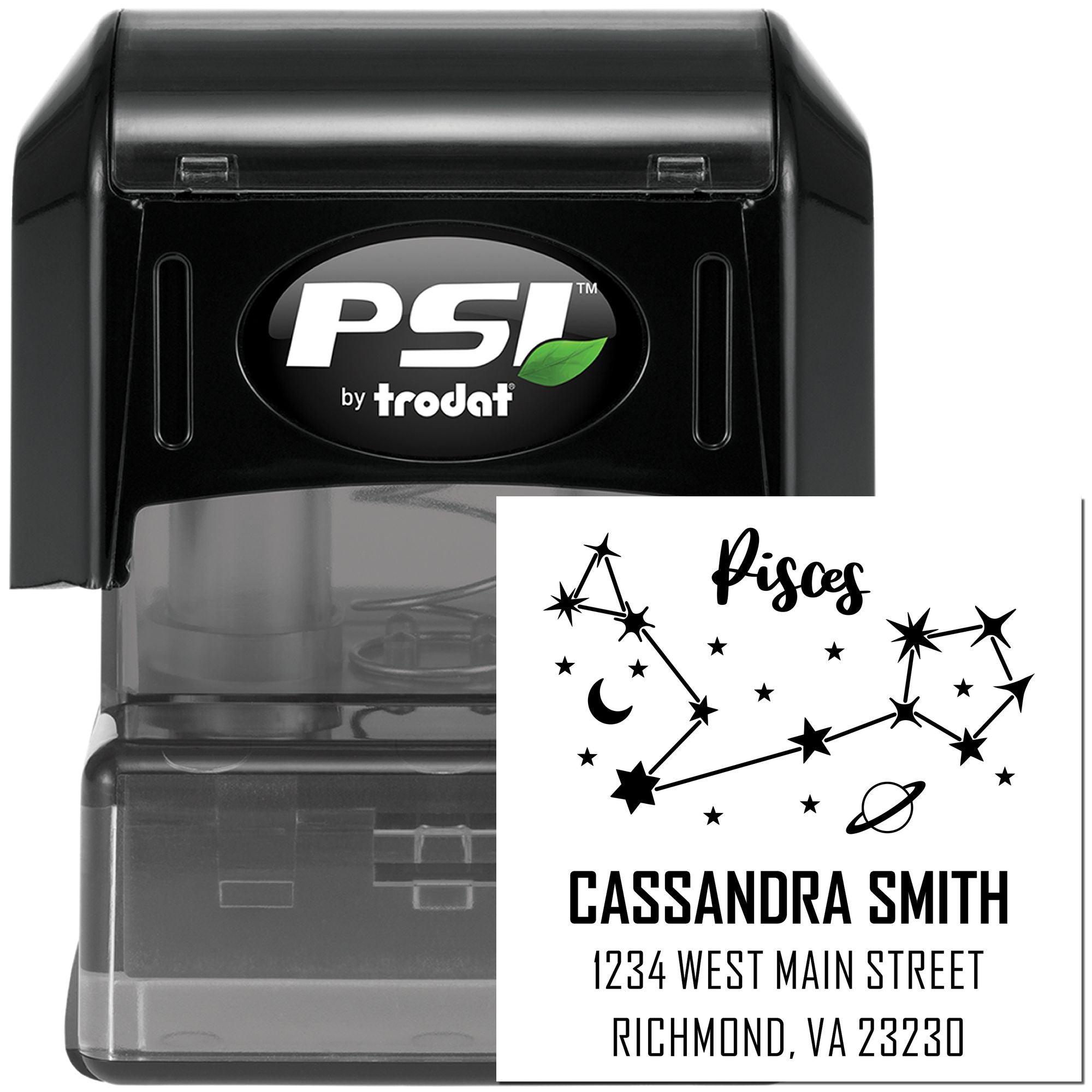 Black PSI by Trodat self-inking stamp and seal with custom Pisces constellation, name, and address in white and black.