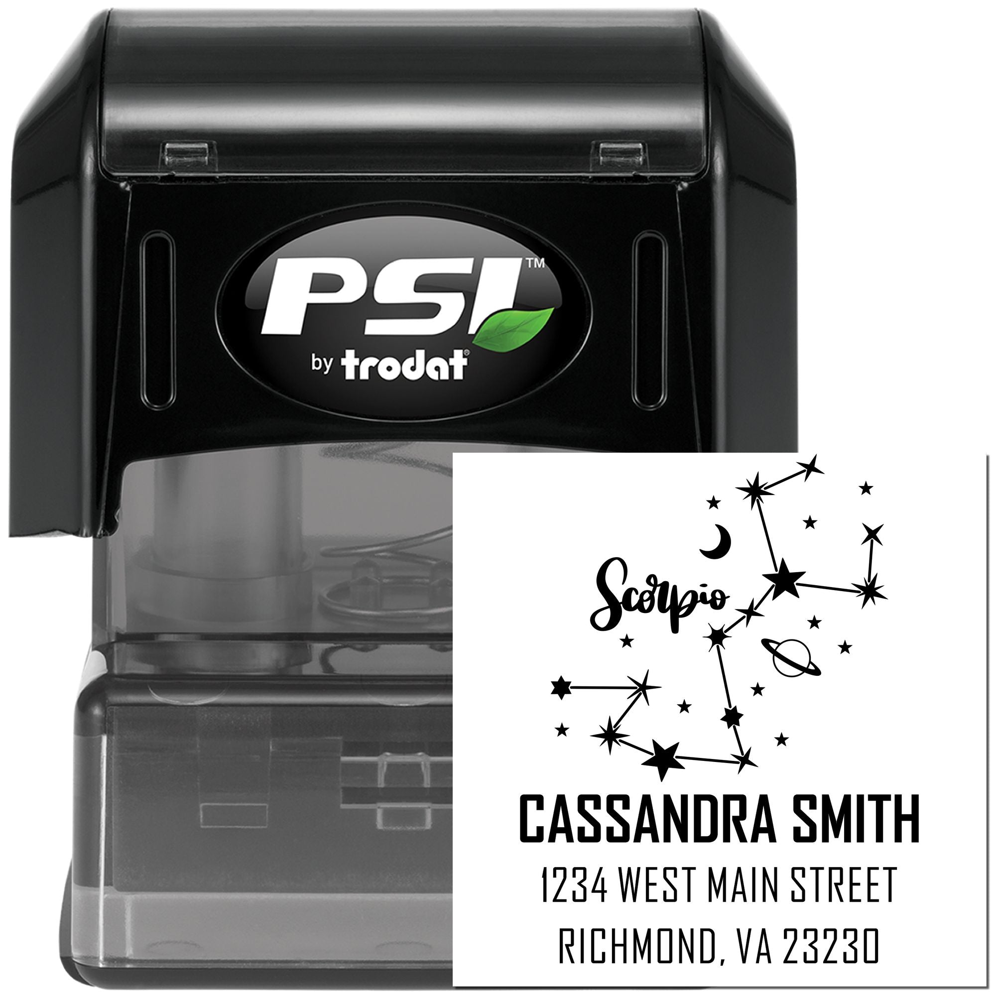 Black PSI by Trodat self-inking stamp and seal set with Scorpio constellation design, Cassandra Smith name, and address label.