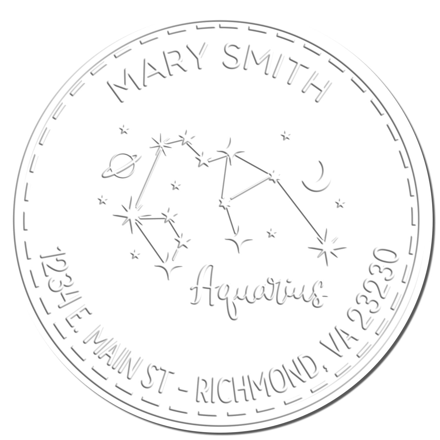 Silver circular embossing seal stamp with constellations, Mary Smith, Aquarius, and Richmond, VA text.
