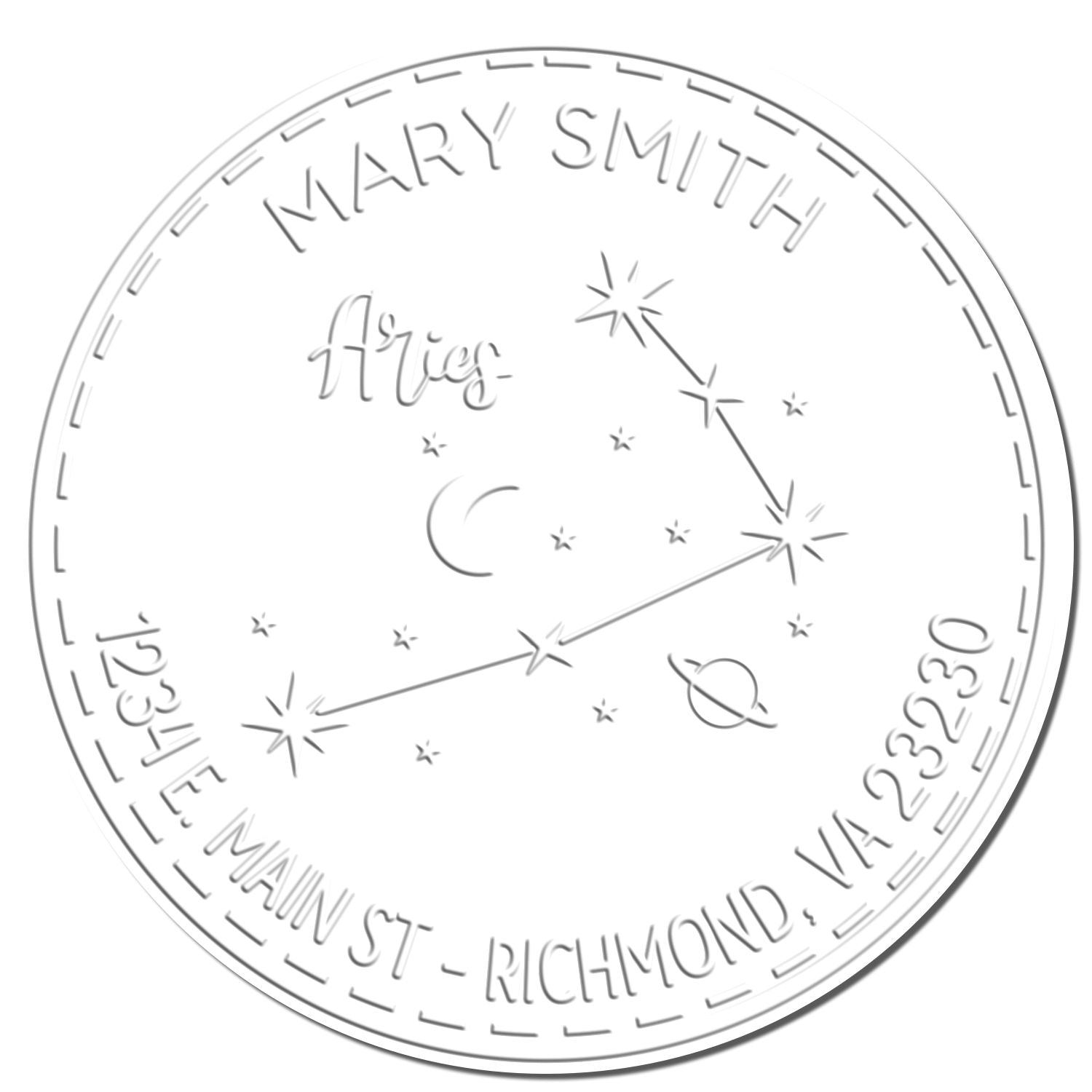 White circular embossed stamp seal with Mary Smith, Aries constellation, and address text in gray.