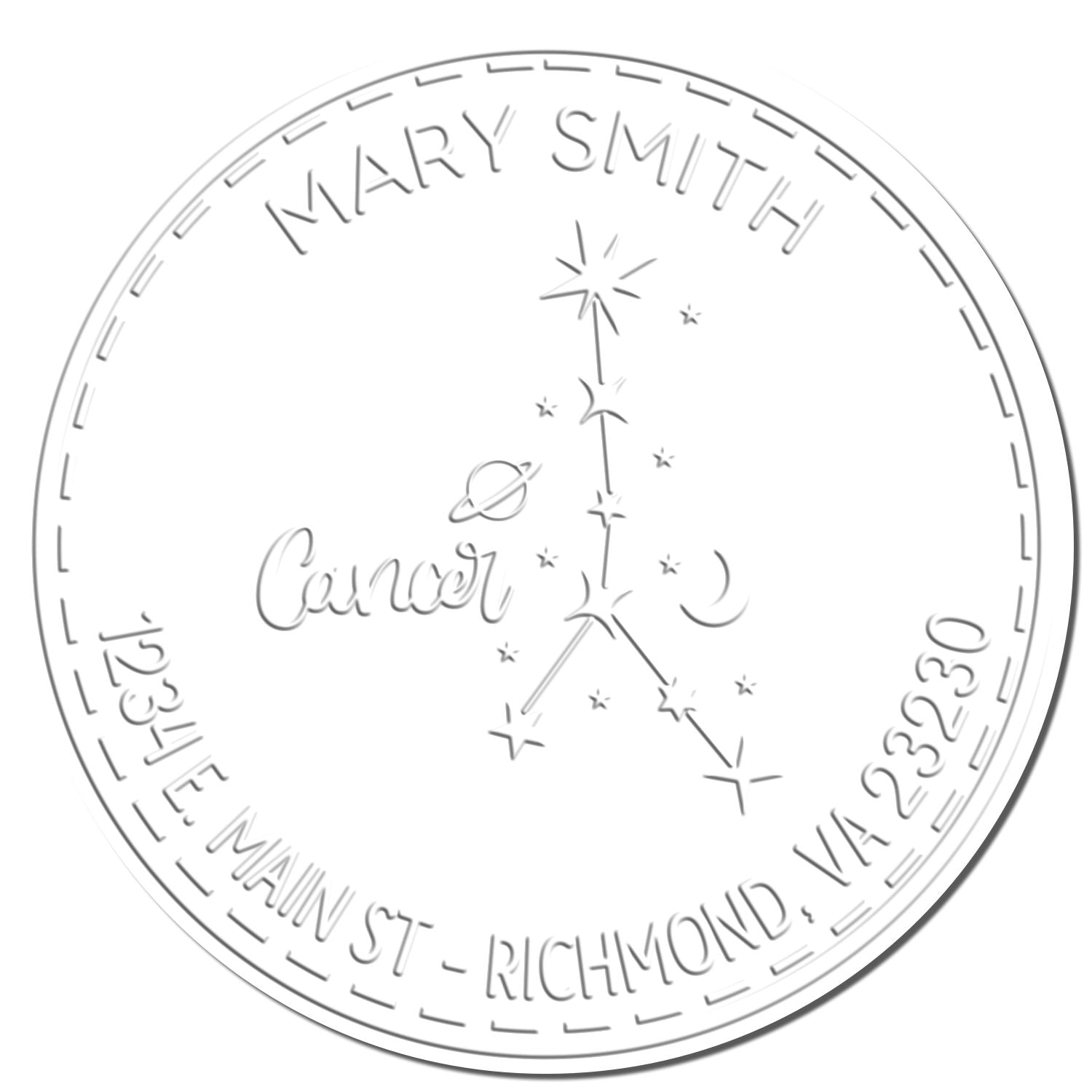 Embossed silver circular stamp seal for Mary Smith Cancer, with constellation stars and Richmond, VA address.
