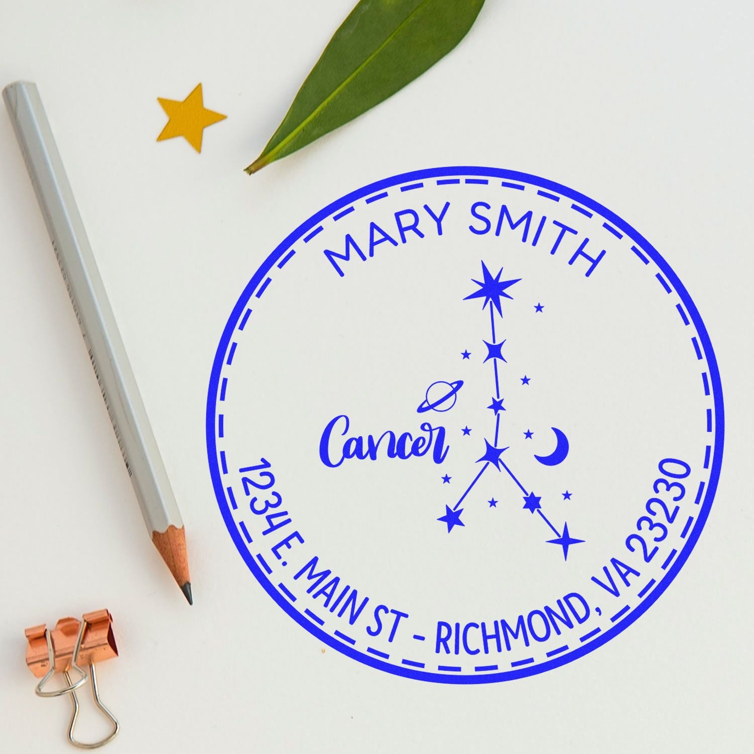 Blue custom round stamp seal for Mary Smith, Cancer constellation, with Richmond VA address on white background.
