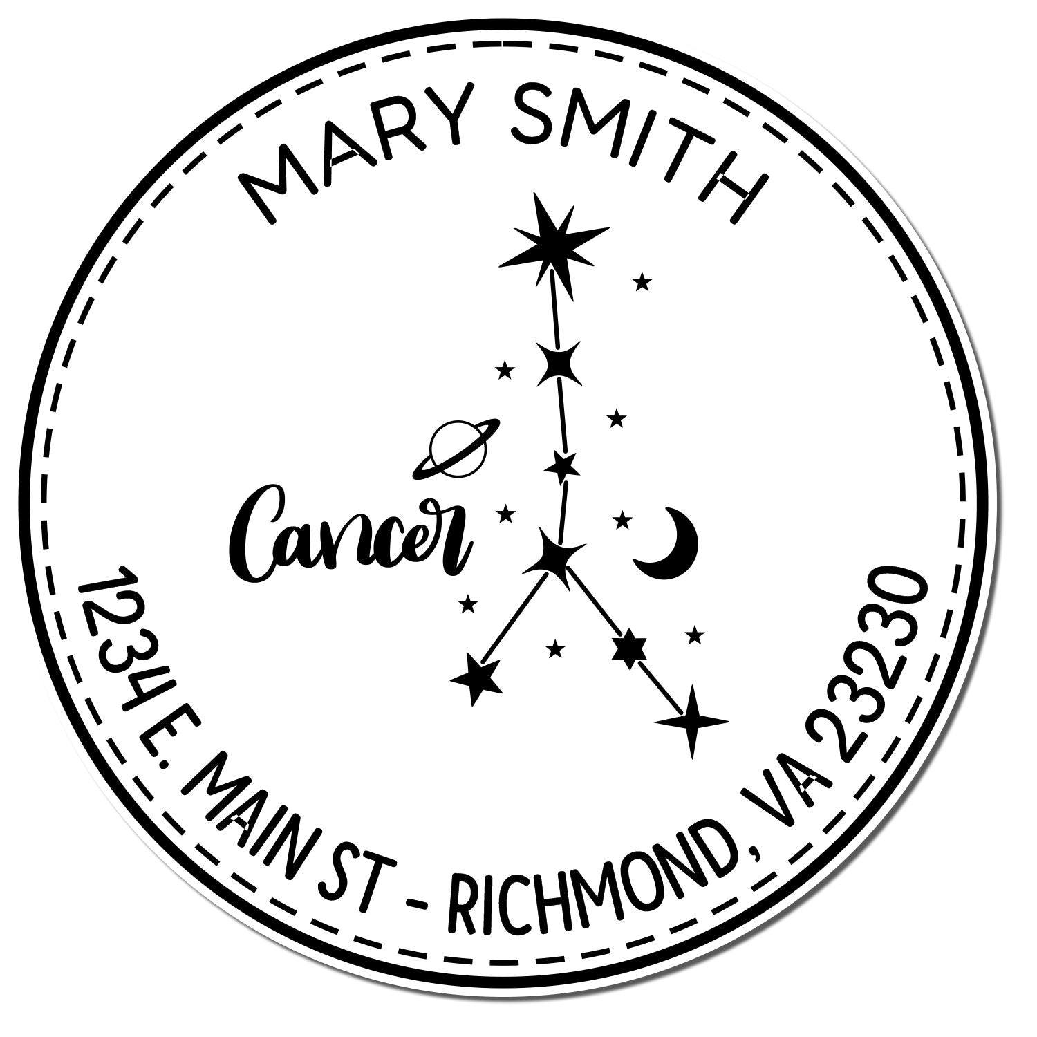 Black-and-white circular custom stamp seal with Mary Smith, Cancer constellation graphic, and Richmond, VA address